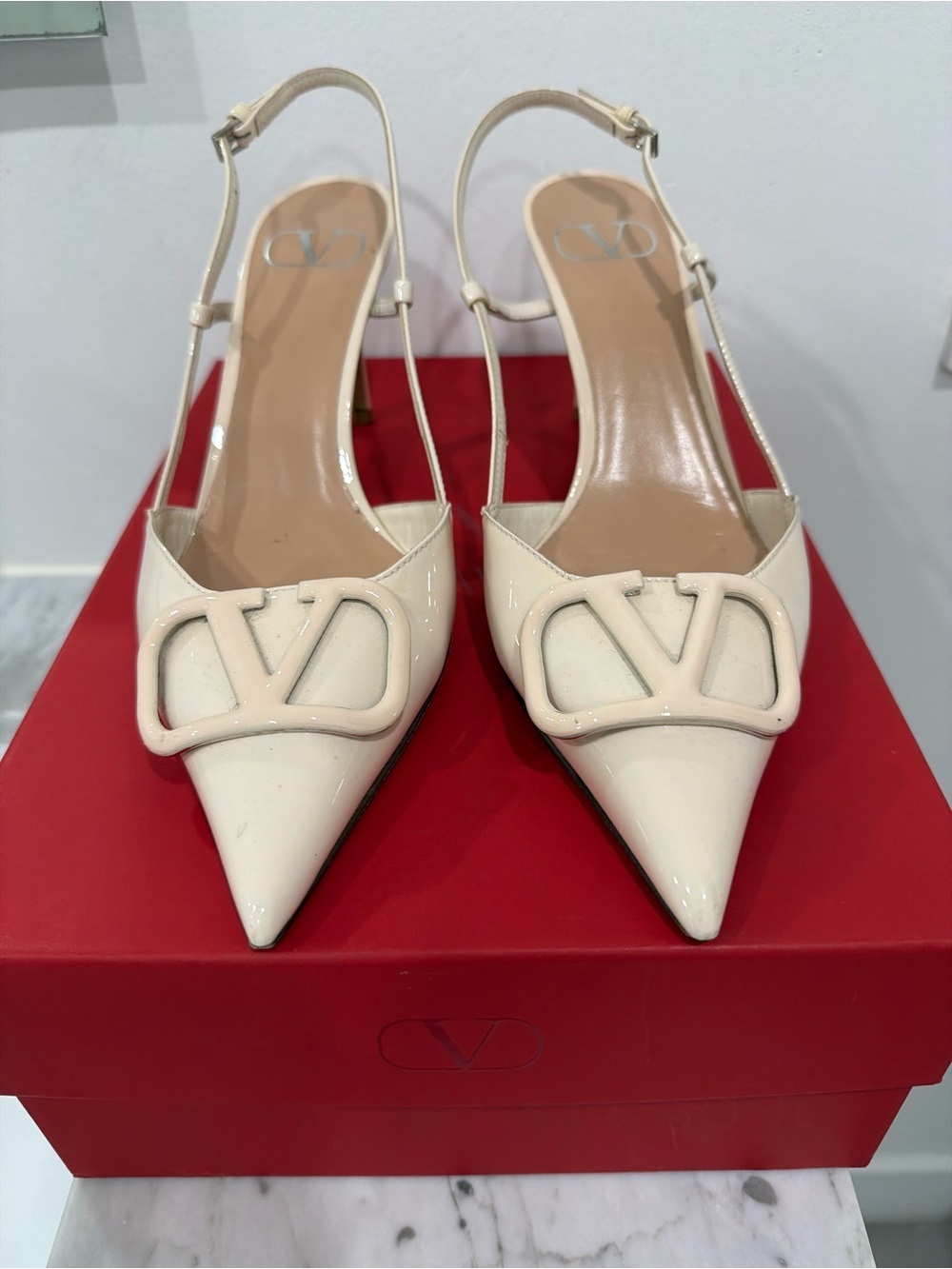 Valentino Ivory Patent Pointed-Toe Slingback Pumps with V Logo